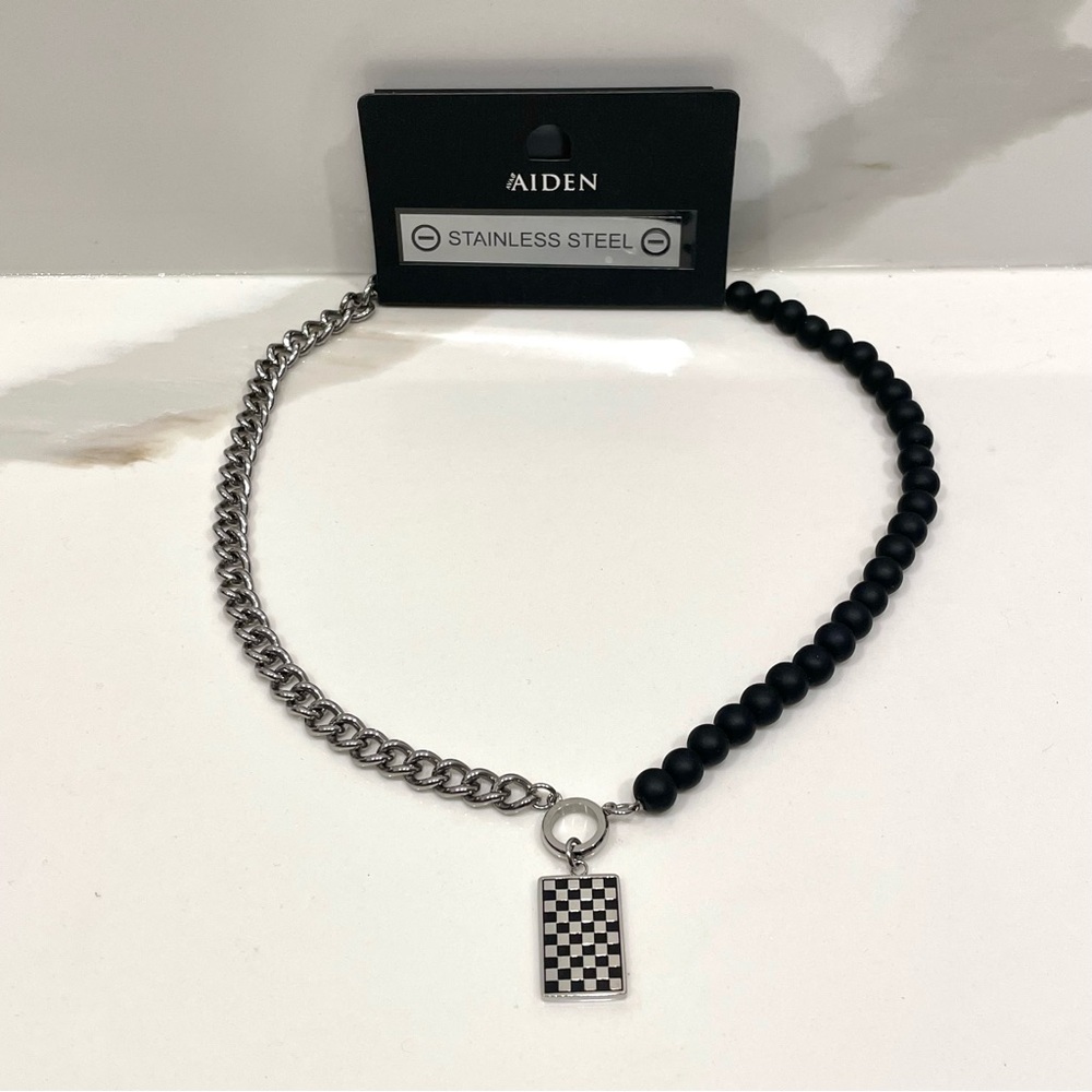 NEW Ava & Aiden Stainless Steel Chain and Black Bead Checkered Tag Necklace